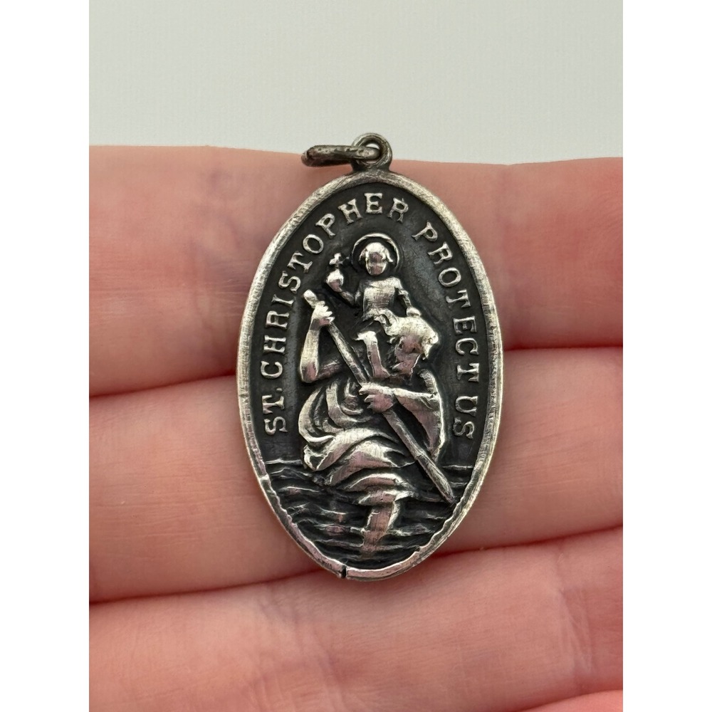 Vintage St Christopher Protect Us Religious Medal Pendant